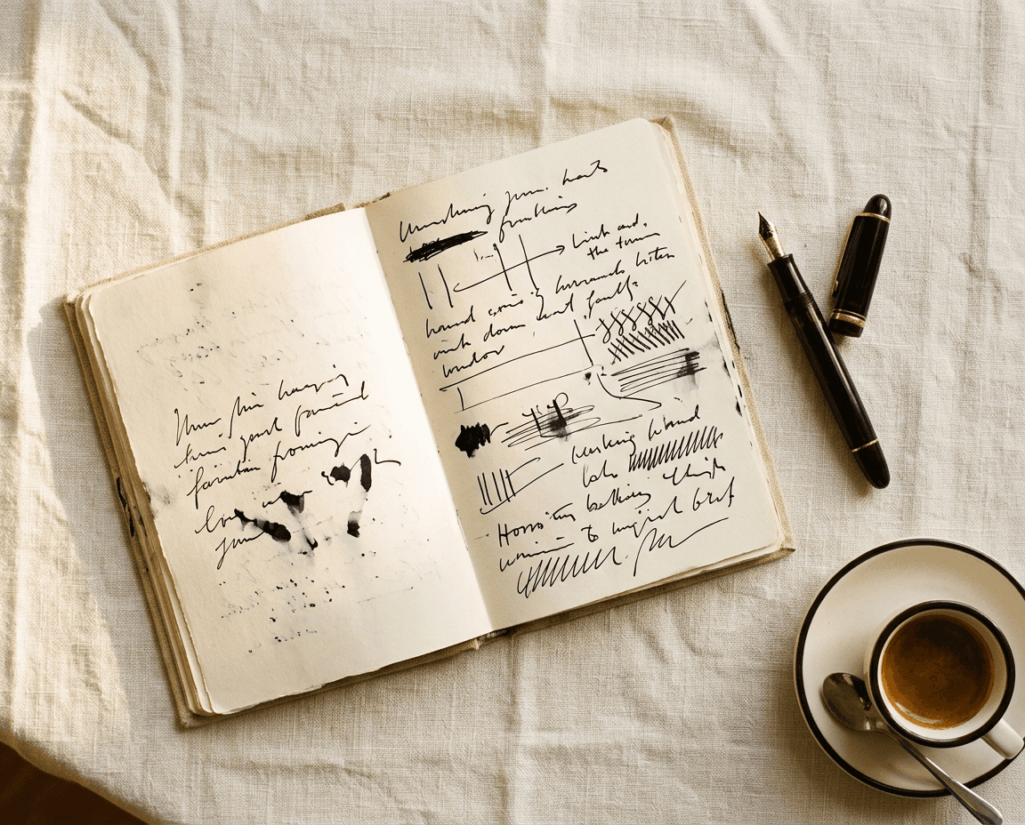 An open notebook with handwritten notes and a fountain pen beside an espresso cup