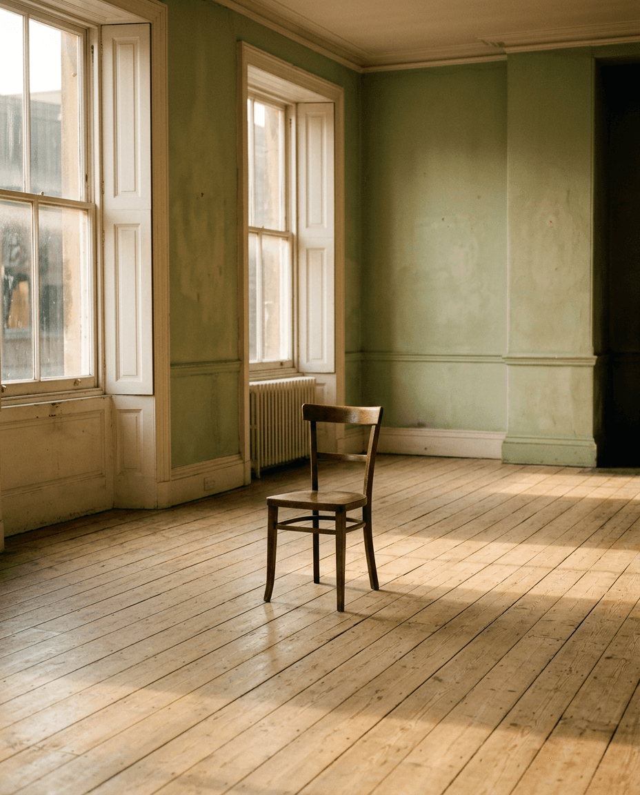 An empty room with tall sash windows, a single wooden chair, and warm afternoon light