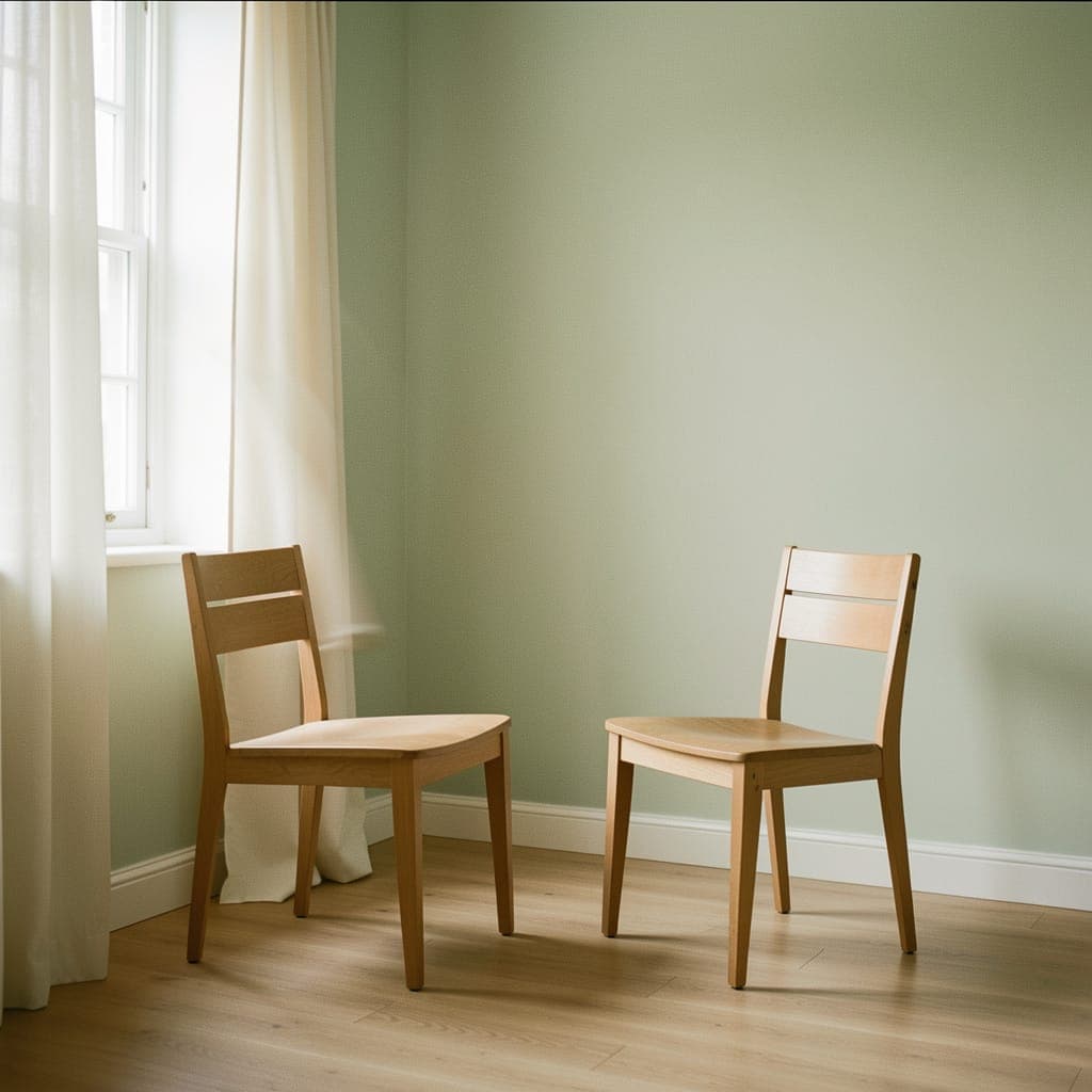 Two chairs facing each other in a calm, simply furnished consultation room with soft natural light